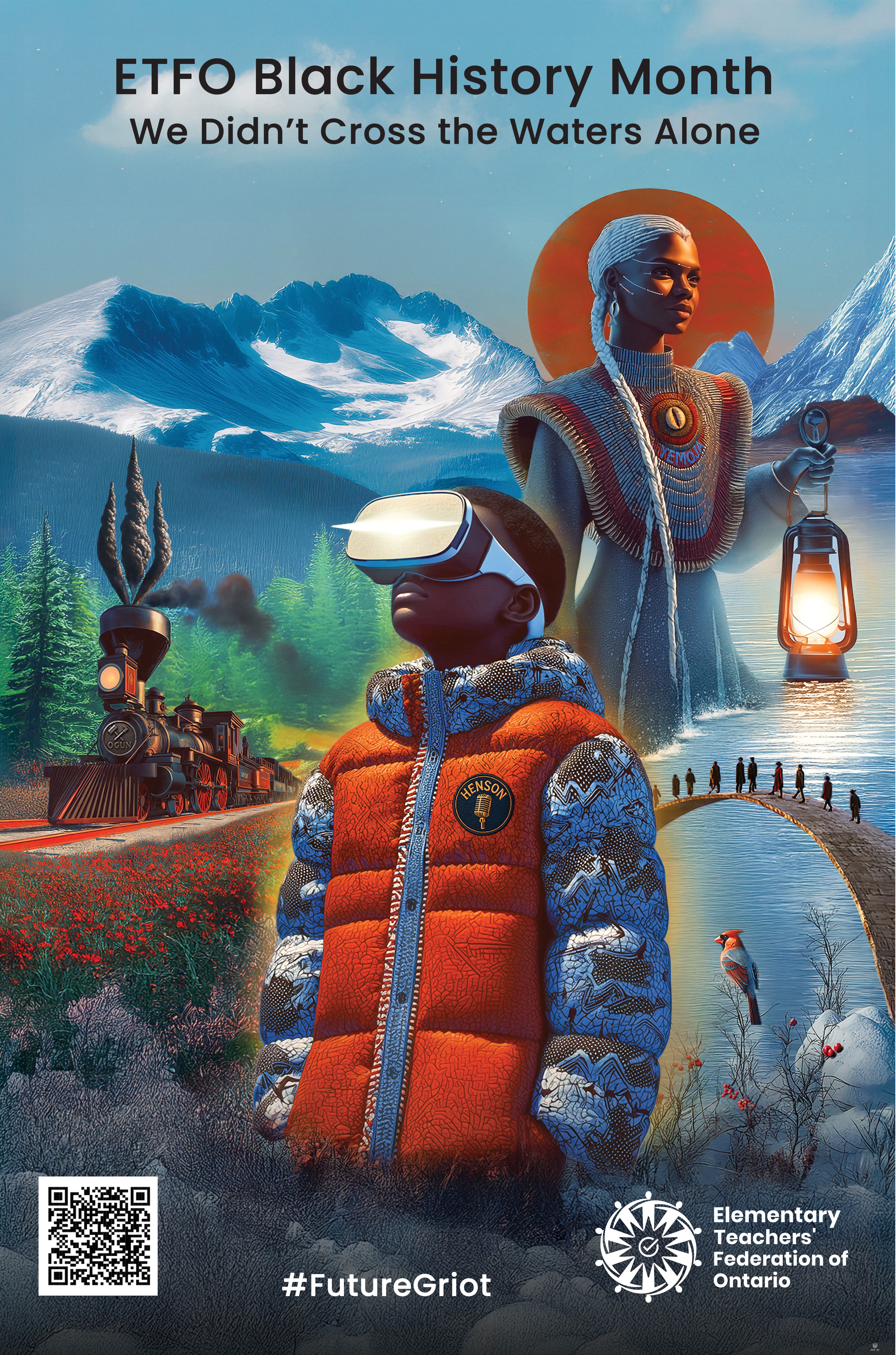 Black child wearing VR goggles on a background featuring important symbols of liberation.